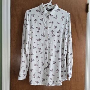 Lands' End Women Soft Top Blouse Shirt Ivory Floral Button Up Collared Long Larg
